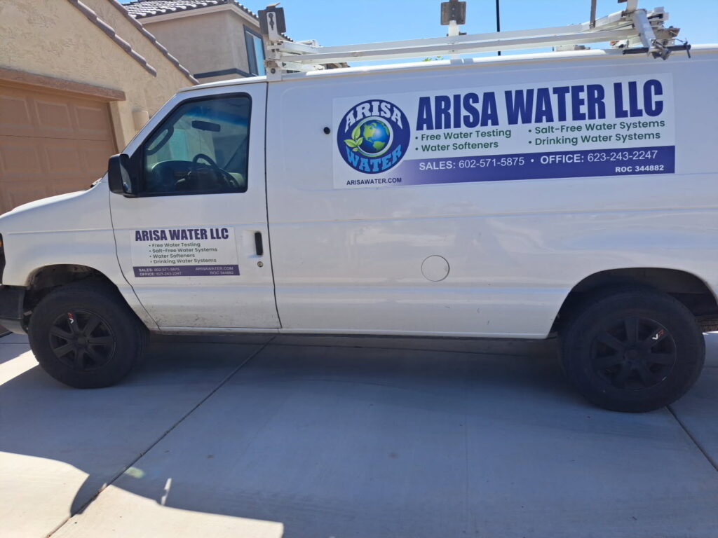 Arisa Water LLC van with services listed: water testing, softeners, drinking water systems.